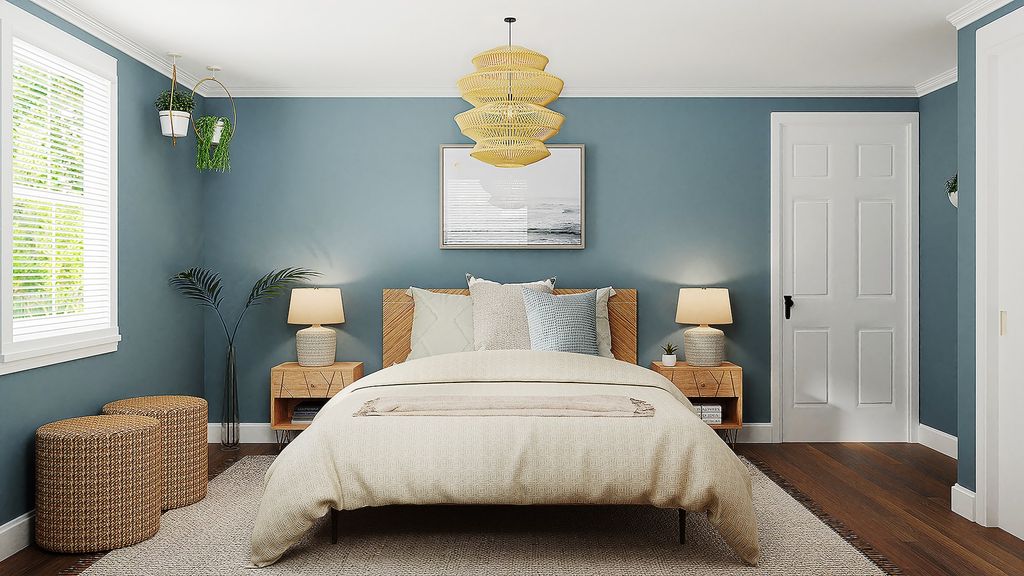 Bedroom with light blue walls. wicker ottomans and white ceiling 