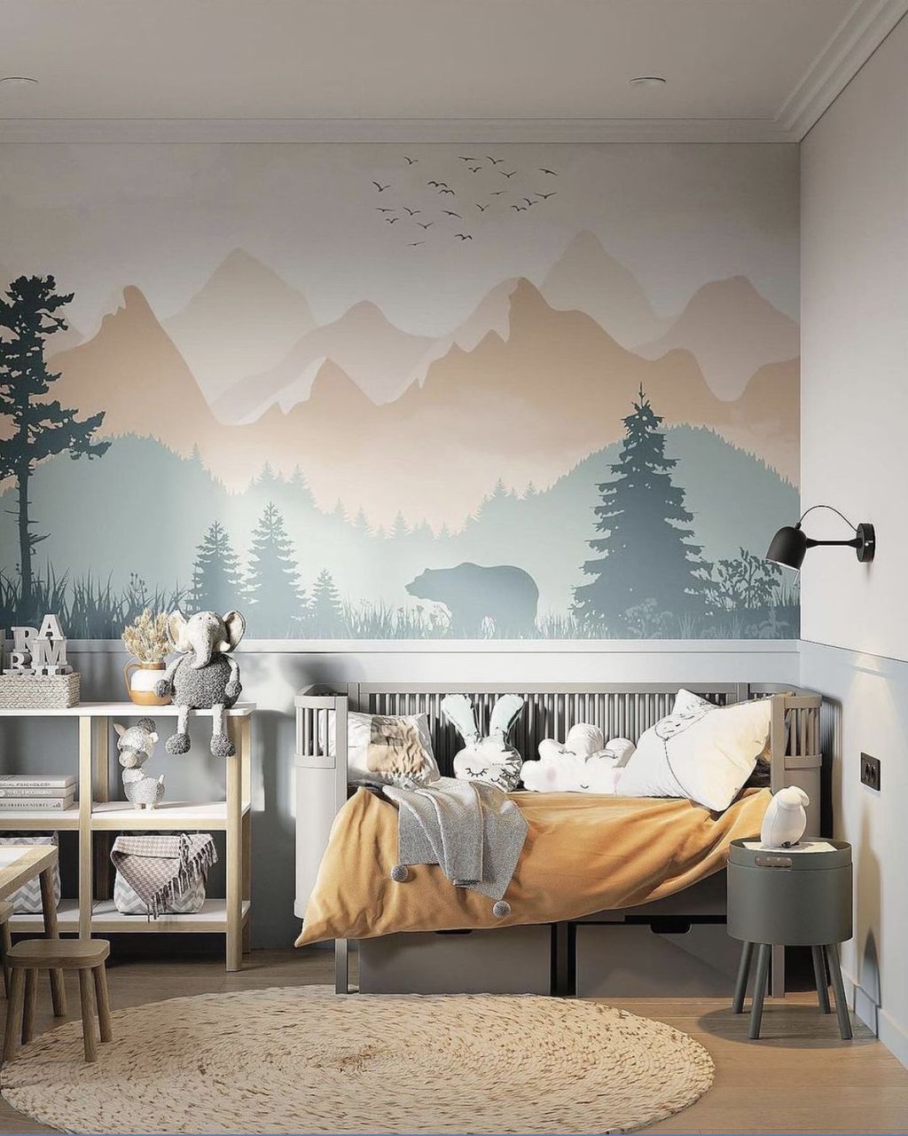 Kid bedroom with nature theme mural, grey crib and wicker round carpet