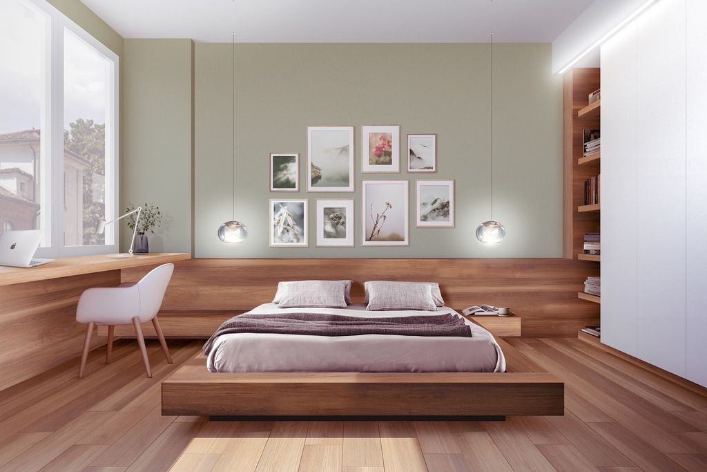 Bedroom with wooden bed with wraparound desk and bookshelf