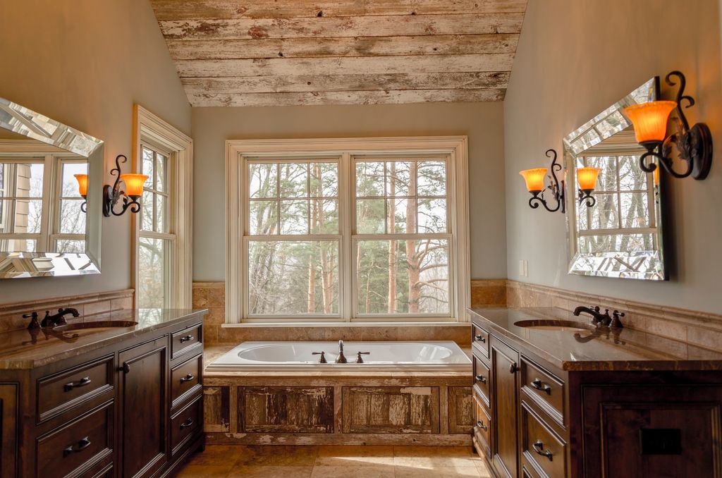 Rustic style bathroom with reclaimed wood and wooden cabinets