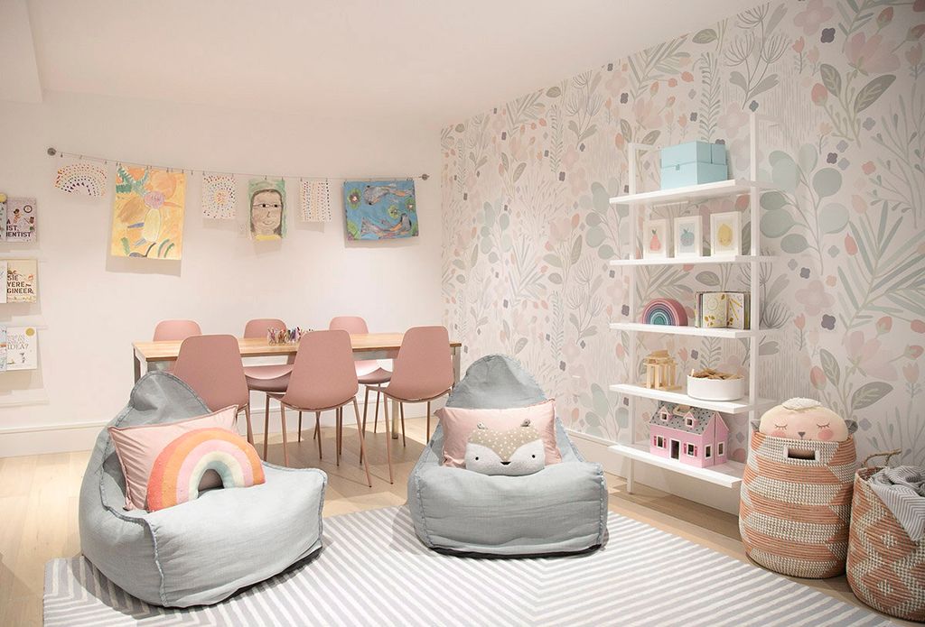 Bean bags in kid's room with pastel colors and wallpaper