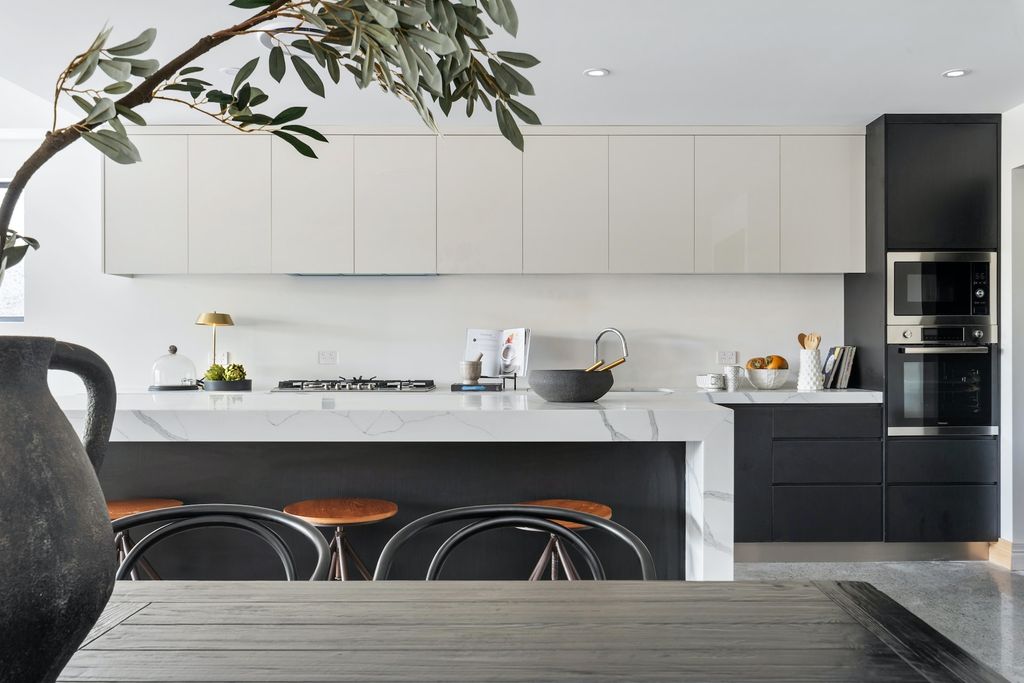 Dark grey and white kitchen cabinets with plant
