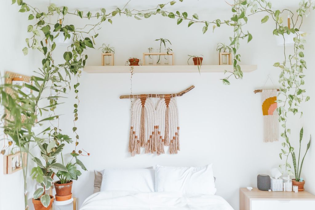 White bedroom with hanging plants and wall decoration