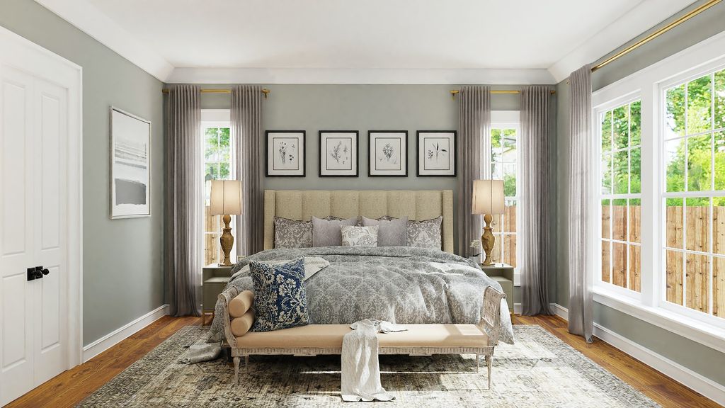 Bedroom with light grey walls, white ceiling and neutral bed with high headboard and 4 prints above bed