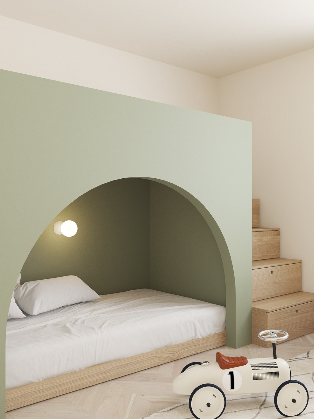 Minimal kids room with green bed overhead 