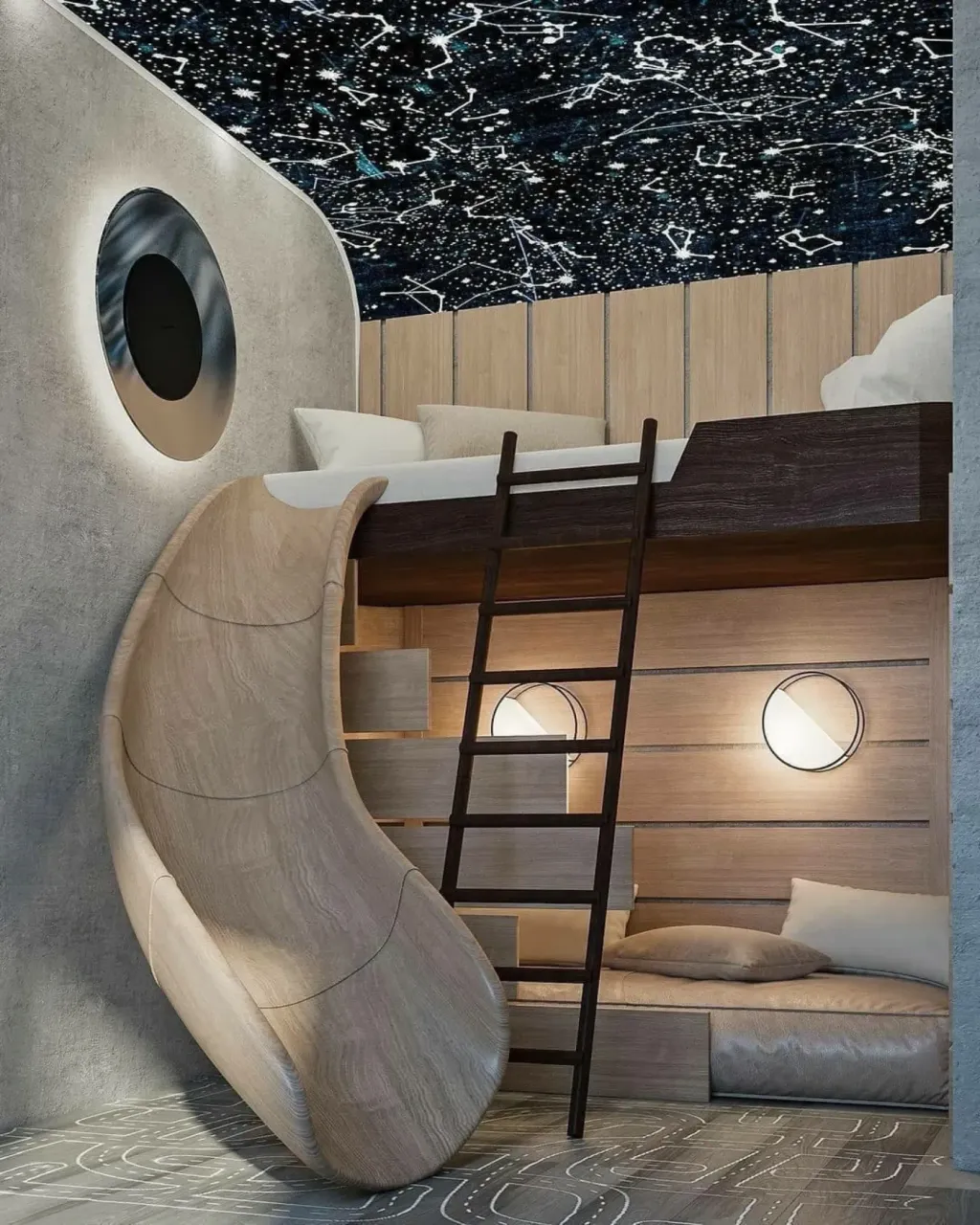 Child room with space theme, slide and round light fixtures