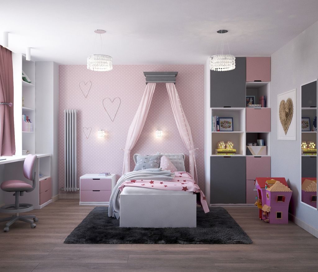 Girl's bedroom with canopy bed and pink polka dots wallpaper
