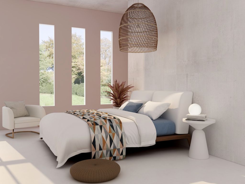 Bedroom with neutral walls, simple pastel colours and wicker chandelier 