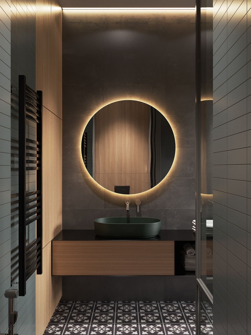 bathroom with illuminated  mirror