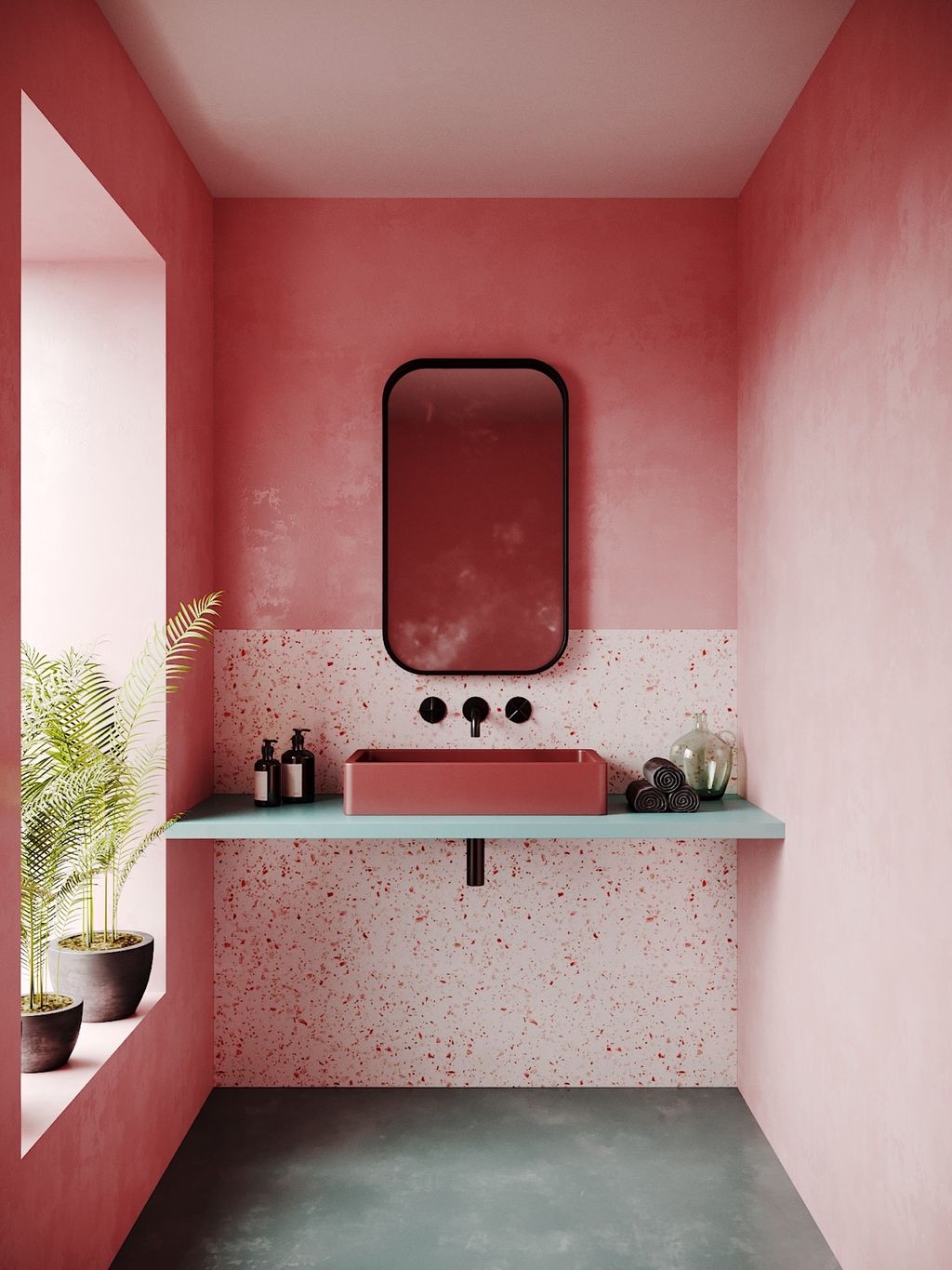bathroom with pink walls and pink backsplash
