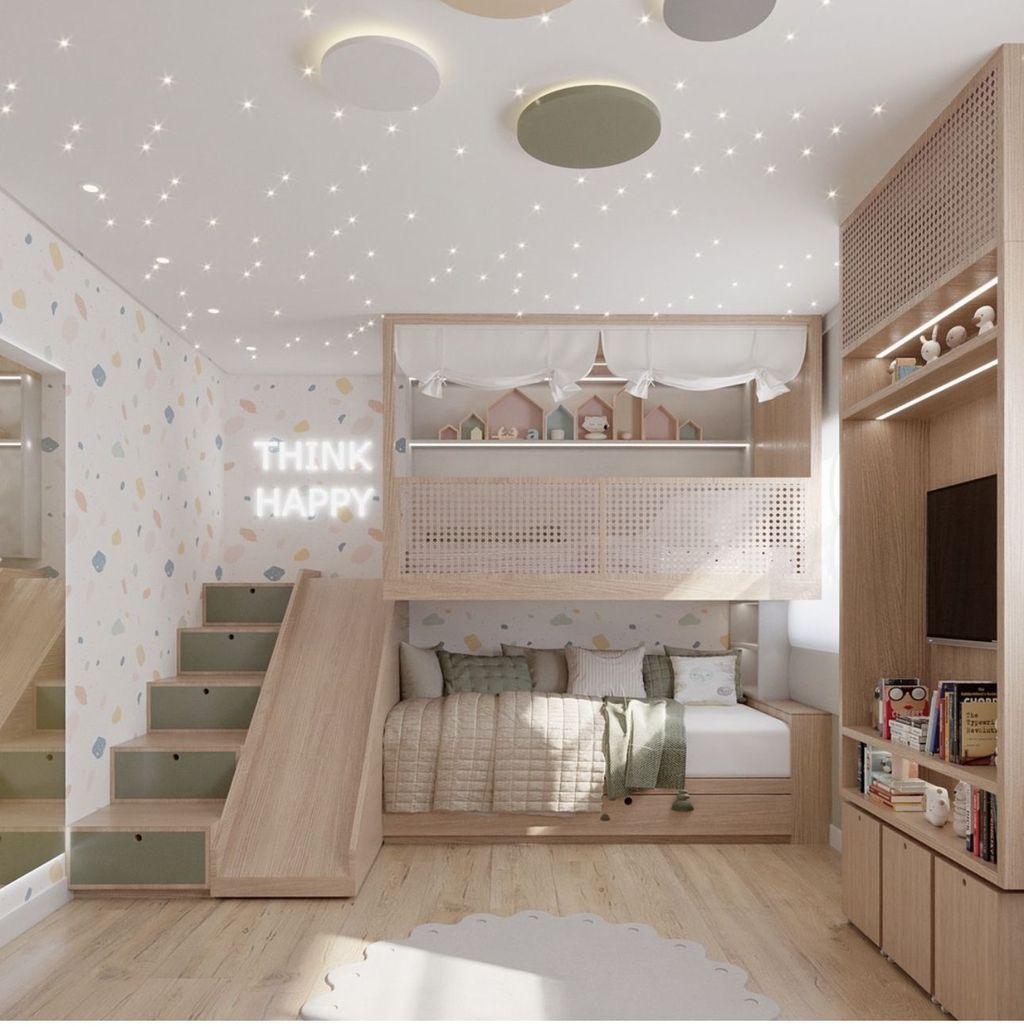 Kids bedroom with wooden slide and storage boxes under stairs