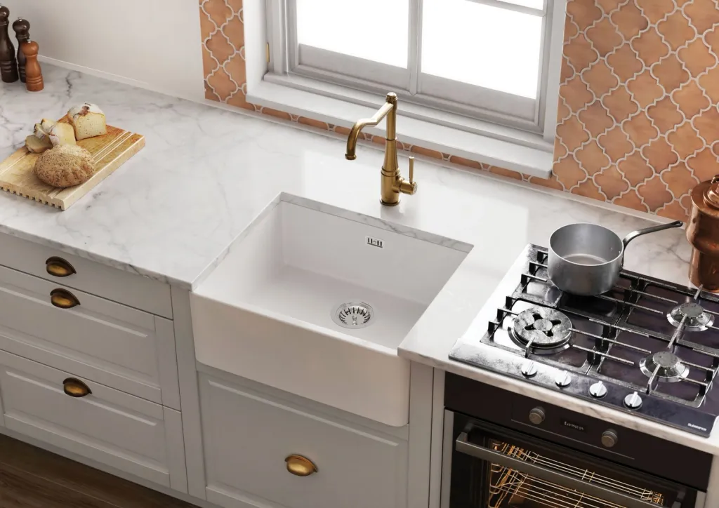 Farmhouse sink white kitchen cabinets