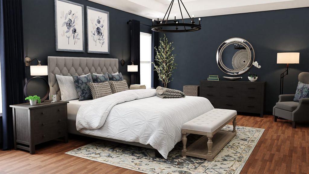 Bedroom with dark grey wall, persian rug and white bedding