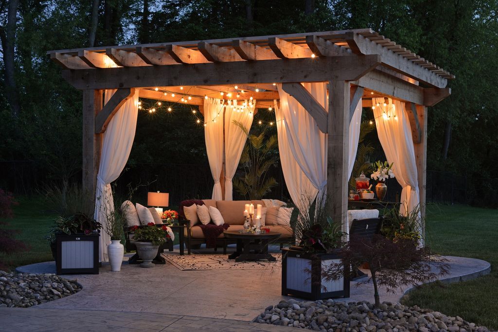 Terrace with shelter, curtains and fairy lights