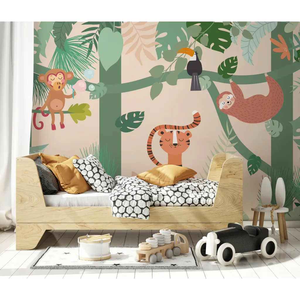 Kids bedroom with tropical jungle mural