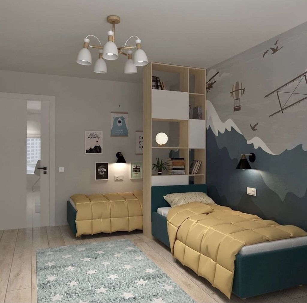 Kids bedroom with two beds and divider in between 