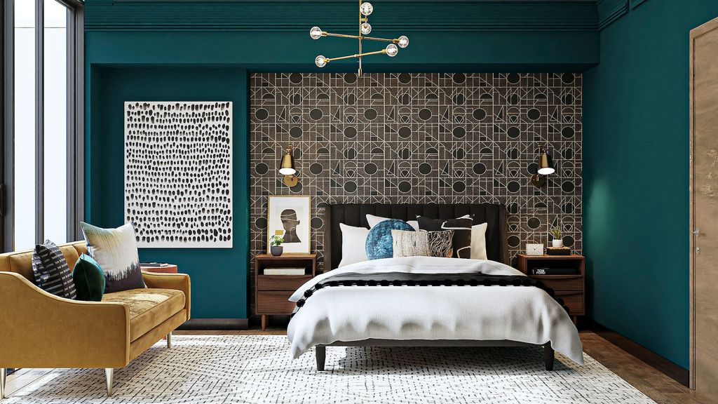 Bedroom with dark green accent wall and mix artwork prints