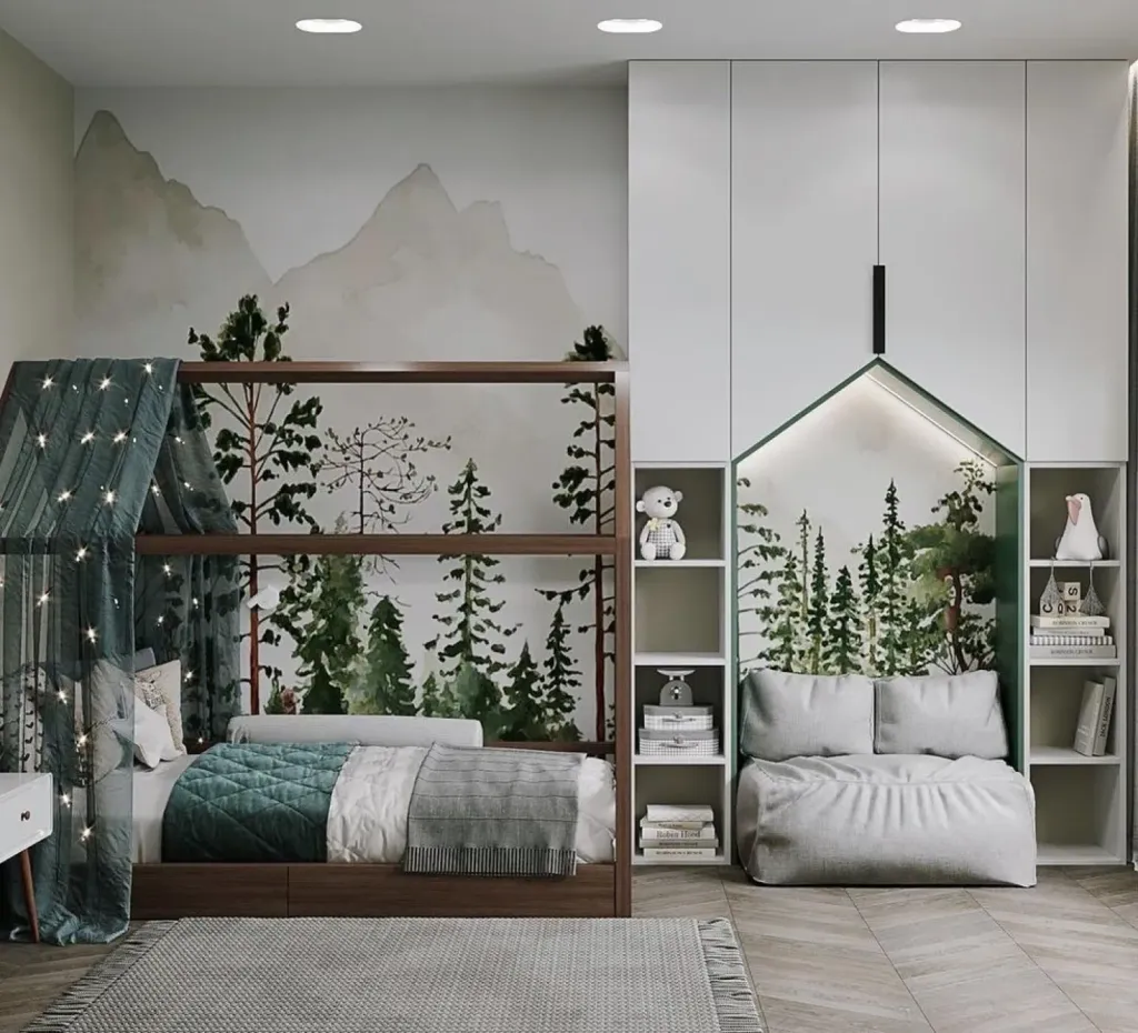 Child forest themed bedroom with canopy bed and mountains mural 