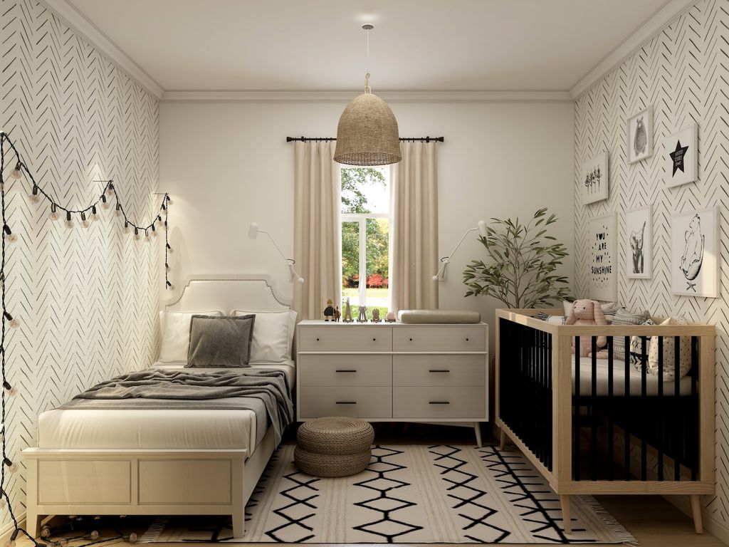 Child bedroom with wallpaper, twin size bed and nursery bed