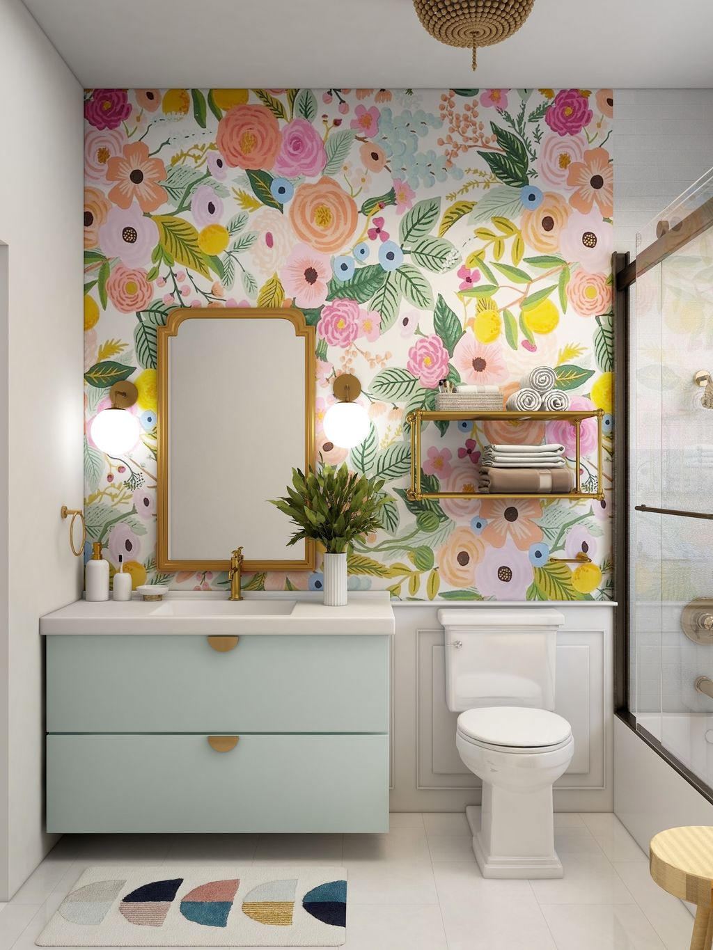 Bathroom with flower wallpaper and mint coloured vanity