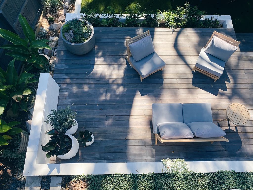 Patio with grey seating and potted plants