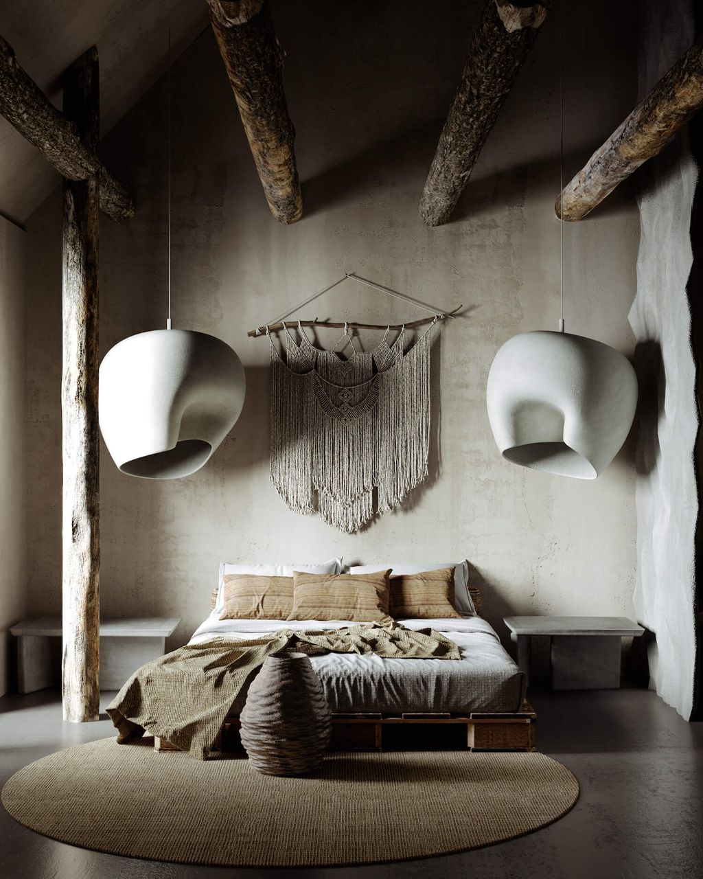 Rustic bedroom with decorative wall thread hanging and natural colors