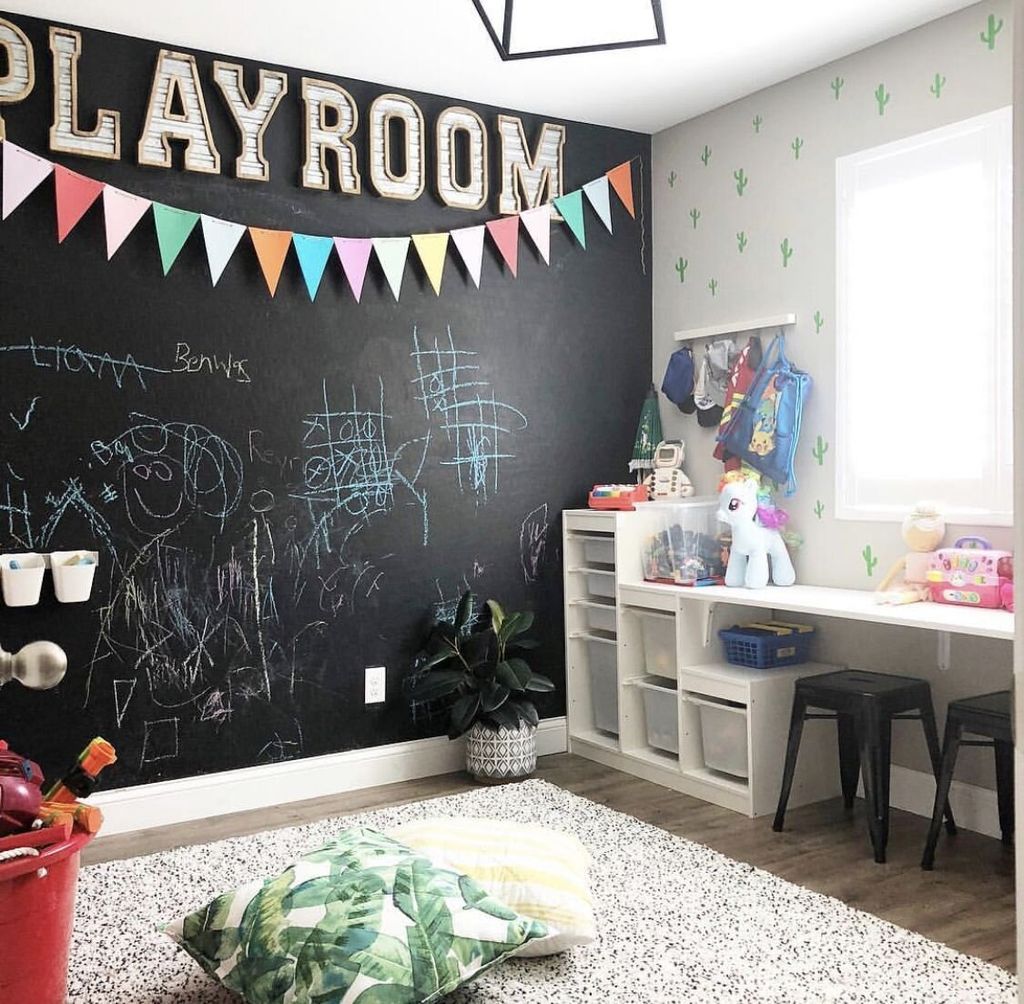 Child room with entire chalkboard wall