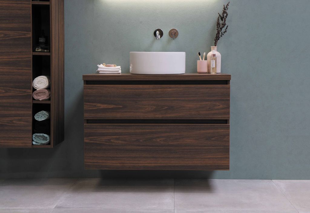 Dark brown bathroom vanity with shelves 